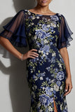 Navy Mermaid Floral Bateau Neck Midi Mother Of the Bride Dress with Slit