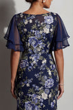 Navy Mermaid Floral Bateau Neck Midi Mother Of the Bride Dress with Slit