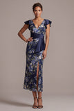 Navy Floral Mermaid V-Neck Midi Mother Of the Bride Dress with Slit