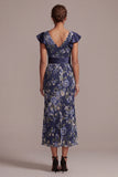 Navy Floral Mermaid V-Neck Midi Mother Of the Bride Dress with Slit