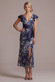 Navy Floral Mermaid V-Neck Midi Mother Of the Bride Dress with Slit