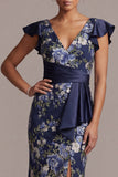 Navy Floral Mermaid V-Neck Midi Mother Of the Bride Dress with Slit