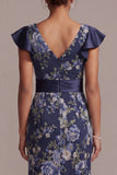 Navy Floral Mermaid V-Neck Midi Mother Of the Bride Dress with Slit