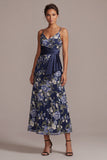 Navy A-Line Floral Spaghetti Straps Midi Mother Of the Bride Dress