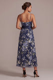 Navy A-Line Floral Spaghetti Straps Midi Mother Of the Bride Dress