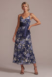 Navy A-Line Floral Spaghetti Straps Midi Mother Of the Bride Dress