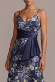 Navy A-Line Floral Spaghetti Straps Midi Mother Of the Bride Dress
