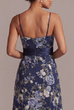 Navy A-Line Floral Spaghetti Straps Midi Mother Of the Bride Dress