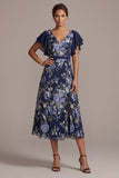 Navy A-Line Floral Flutter Sleeves Midi Mother Of the Bride Dress with Slit