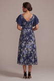 Navy A-Line Floral Flutter Sleeves Midi Mother Of the Bride Dress with Slit