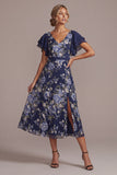 Navy A-Line Floral Flutter Sleeves Midi Mother Of the Bride Dress with Slit