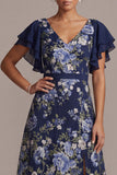 Navy A-Line Floral Flutter Sleeves Midi Mother Of the Bride Dress with Slit
