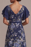Navy A-Line Floral Flutter Sleeves Midi Mother Of the Bride Dress with Slit