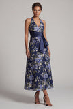 Navy Halter A-Line Floral Midi Mother Of the Bride Dress with Sash