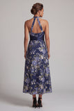 Navy Halter A-Line Floral Midi Mother Of the Bride Dress with Sash