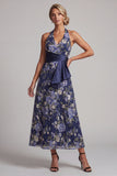 Navy Halter A-Line Floral Midi Mother Of the Bride Dress with Sash