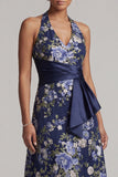 Navy Halter A-Line Floral Midi Mother Of the Bride Dress with Sash