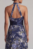 Navy Halter A-Line Floral Midi Mother Of the Bride Dress with Sash