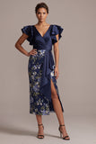 Navy Floral Sheath V-Neck Ruffled Midi Mother Of the Bride Dress with Slit