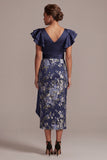 Navy Floral Sheath V-Neck Ruffled Midi Mother Of the Bride Dress with Slit