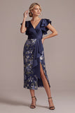 Navy Floral Sheath V-Neck Ruffled Midi Mother Of the Bride Dress with Slit