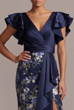 Navy Floral Sheath V-Neck Ruffled Midi Mother Of the Bride Dress with Slit