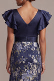 Navy Floral Sheath V-Neck Ruffled Midi Mother Of the Bride Dress with Slit