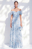 Blue Off the Shoulder Floral A-Line Chiffon Long Mother Of the Bride Dress
