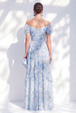 Blue Off the Shoulder Floral A-Line Chiffon Long Mother Of the Bride Dress