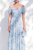 Blue Off the Shoulder Floral A-Line Chiffon Long Mother Of the Bride Dress