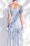 Blue Off the Shoulder Floral A-Line Chiffon Long Mother Of the Bride Dress