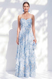 Blue A-Line Chiffon Floral Ruffled Long Mother Of the Bride Dress