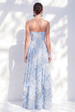 Blue A-Line Chiffon Floral Ruffled Long Mother Of the Bride Dress