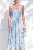 Blue A-Line Chiffon Floral Ruffled Long Mother Of the Bride Dress