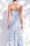 Blue A-Line Chiffon Floral Ruffled Long Mother Of the Bride Dress