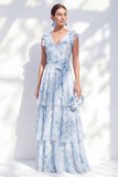 Blue Floral A-Line Chiffon Ruffled Long Mother Of the Bride Dress with Belt