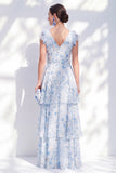 Blue Floral A-Line Chiffon Ruffled Long Mother Of the Bride Dress with Belt