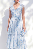 Blue Floral A-Line Chiffon Ruffled Long Mother Of the Bride Dress with Belt