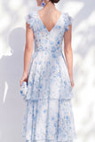 Blue Floral A-Line Chiffon Ruffled Long Mother Of the Bride Dress with Belt