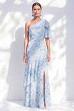 Blue One Shoulder Sheath Floral Ruffled Long Mother of the Bride Dress with Slit