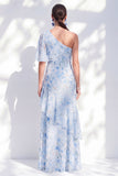 Blue One Shoulder Sheath Floral Ruffled Long Mother of the Bride Dress with Slit