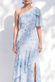 Blue One Shoulder Sheath Floral Ruffled Long Mother of the Bride Dress with Slit
