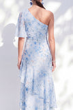 Blue One Shoulder Sheath Floral Ruffled Long Mother of the Bride Dress with Slit