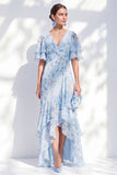 Blue Floral Chiffon Floral V-Neck High Low Mother Of the Bride Dress with Ruffles