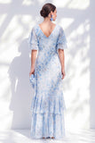Blue Floral Chiffon Floral V-Neck High Low Mother Of the Bride Dress with Ruffles
