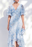 Blue Floral Chiffon Floral V-Neck High Low Mother Of the Bride Dress with Ruffles
