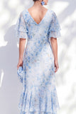 Blue Floral Chiffon Floral V-Neck High Low Mother Of the Bride Dress with Ruffles