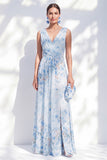 Blue Floral A-Line Chiffon V-Neck Long Mother Of the Bride Dress with Slit