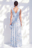 Blue Floral A-Line Chiffon V-Neck Long Mother Of the Bride Dress with Slit