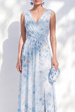 Blue Floral A-Line Chiffon V-Neck Long Mother Of the Bride Dress with Slit